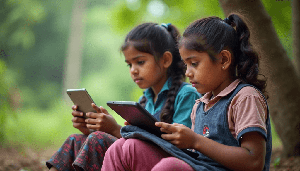 Students from a rural village in Kerala using tablets or mobile devices Students from a rural village in Kerala using tablets or mobile devices provided by government or NGO programs, highlighting efforts to close the digital divide.